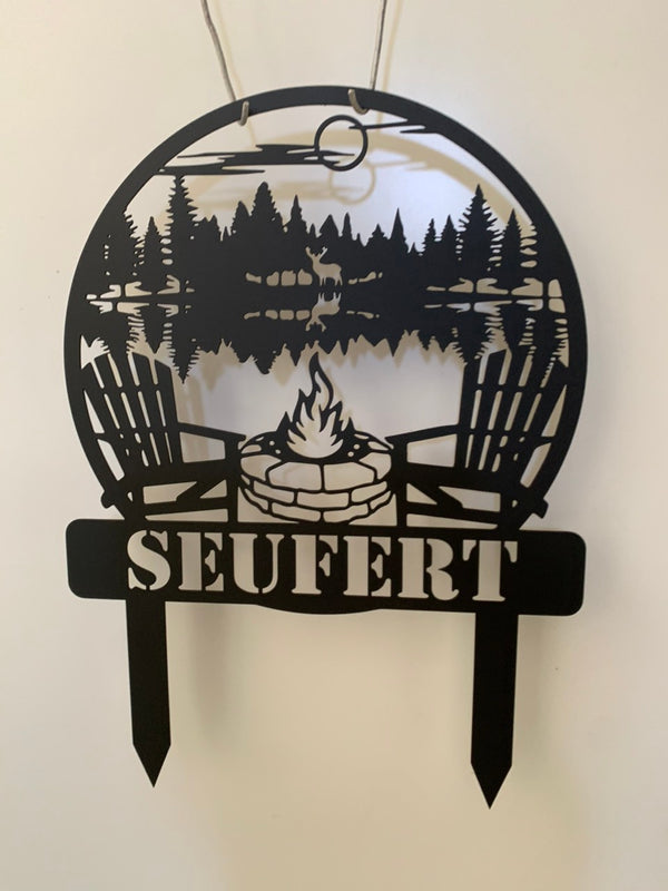 Personalized Lake House Metal Garden Stake, Lake Mountain Scene Monogram Metal Yard Sign, Custom Family Name Lake Life Metal Garden Sign