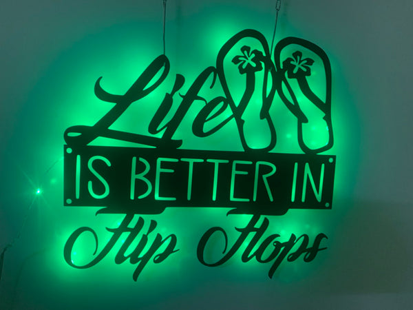 Life Is Better In Flip Flops Metal Sign With Led Lights, Beach House Metal Wall Art Decor, Flip Flops Metal Sign, Beach House Led Metal Wall Quote