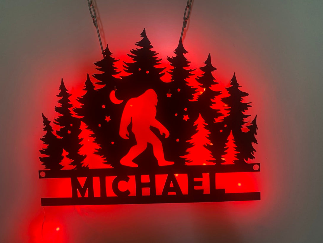 Bigfoot Mountain Forest Metal Wall Art With Led Lights, Personalized Sasquatch Metal Sign, Walking Bigfoot Lodge Cabin Metal Wall Decor