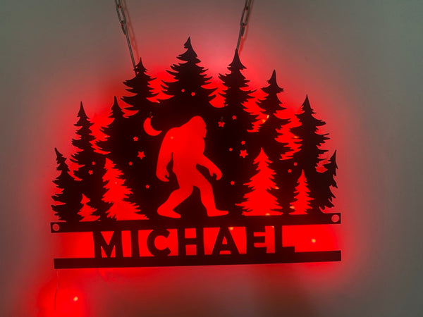 Bigfoot Mountain Forest Metal Wall Art With Led Lights, Personalized Sasquatch Metal Sign, Walking Bigfoot Lodge Cabin Metal Wall Decor