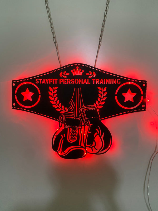 Custom Boxing Gloves Metal Wall Art With Led Light, Personalized King Boxer Belt Metal Name Sign, Boxer Gym Room Man Cave Wall Led Decor