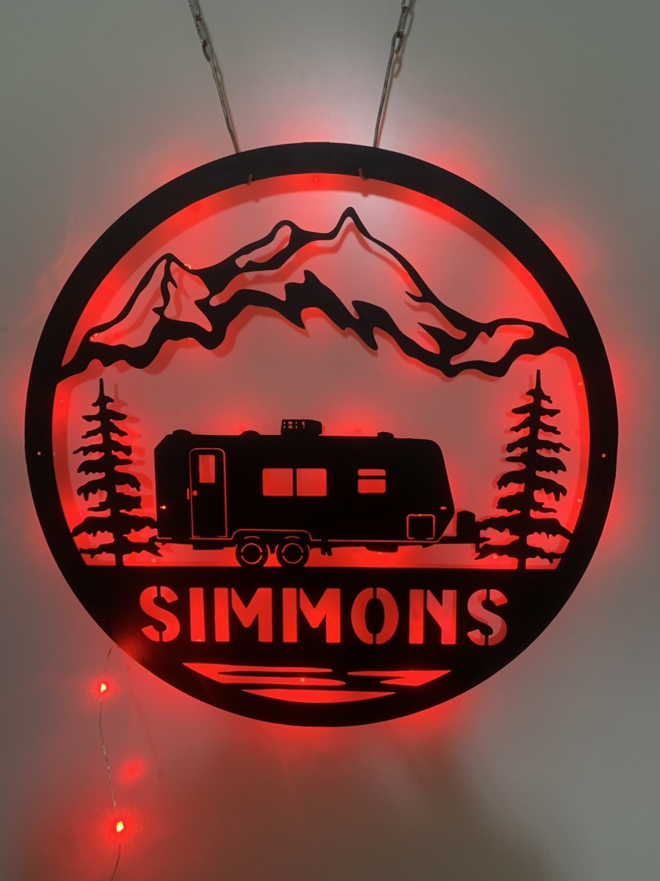 Custom Camping Vans Metal Wall Art Led Light, Personalized Campsite Family Name Metal Sign, Cabin Campsite Forest Metal Wall Led Decor