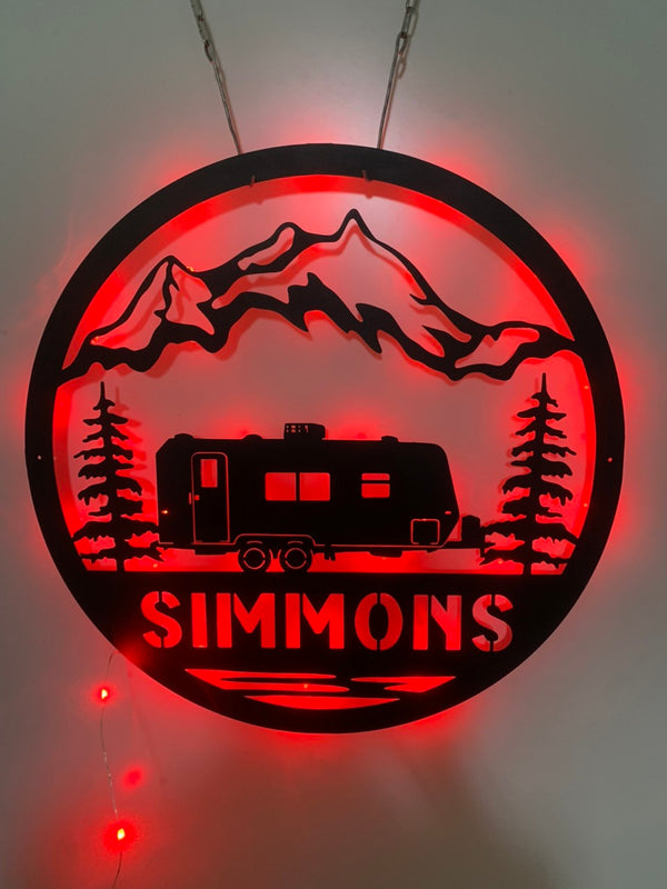 Custom Camping Vans Metal Wall Art Led Light, Personalized Campsite Family Name Metal Sign, Cabin Campsite Forest Metal Wall Led Decor