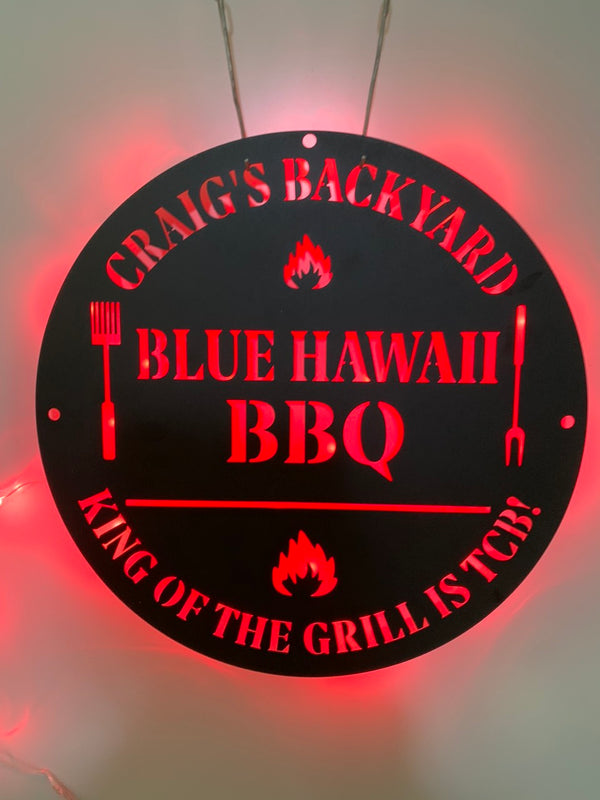 Custom Bbq Grill Metal Wall Art With Led Lights, Personalized Grilling Kitchen Metal Name Sign, Bbq And Grill Backyard Metal Wall Led Sign