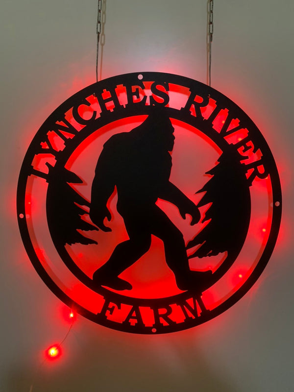 Custom Bigfoot Forest Metal Wall Art With Led Lights, Personalized Sasquatch Metal Sign, Walking Bigfoot Lodge Cabin Metal Wall Decor