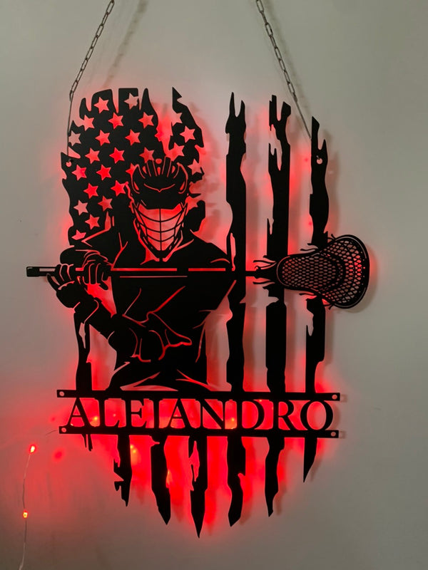 Us Lacrosse Player Metal Wall Art With Led Lights, Personalized Lacrosse Players Metal Name Sign, Lacrosse Sports Kids Room Led Metal Sign