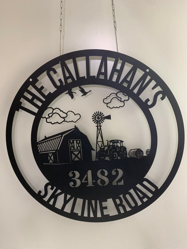 Custom Farm And Windmill Metal Wall Art, Personalized Farmhouse Metal Name Sign, Custom Farm Address Metal Wall Sign Decor