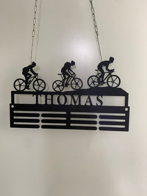 Personalized Cycling Award Medal Holder, Custom Cyclist Name Medal Hanger, 12 Rungs For Medals & Ribbons, Mountain Bike Racing Award Medal Display