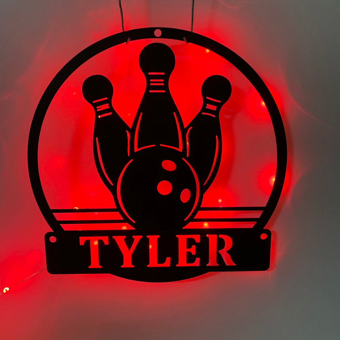Custom Bowling Metal Wall Art With Led Light, Personalized Bowling Player Metal Name Sign, Bowling Lover Game Zone Man Cave Metal Wall Sign