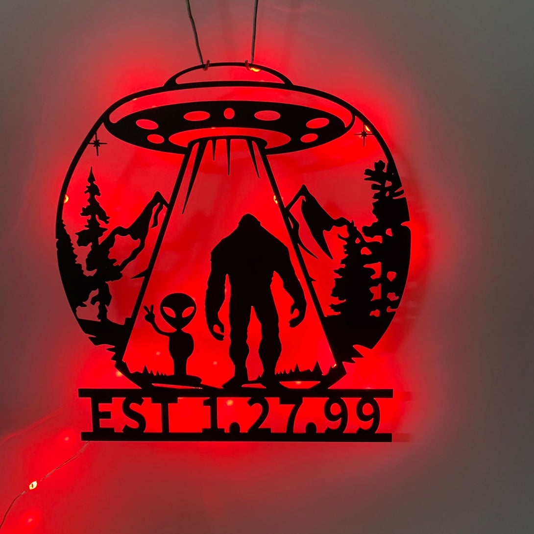 Bigfoot And Alien Under The Moon Metal Wall Art With Led Light, Bigfoot Ufo Metal Sign Decoration For Room, Bigfoot Metal Wall Led Decor