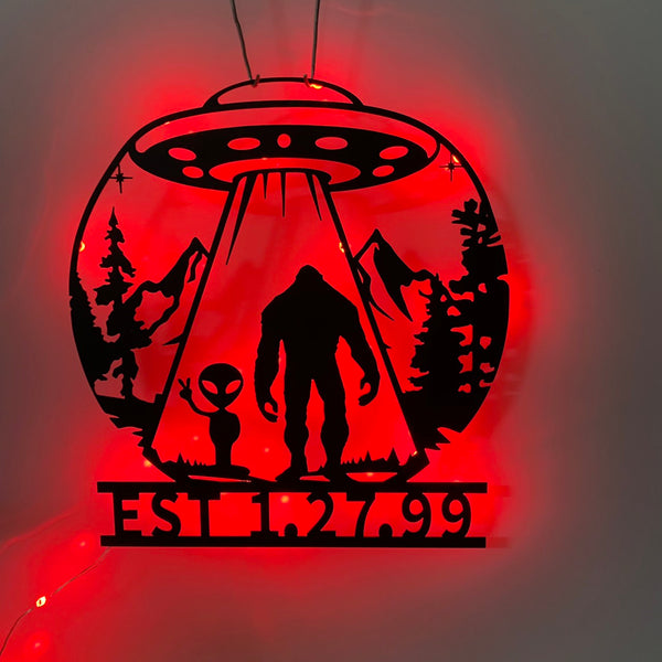 Bigfoot And Alien Under The Moon Metal Wall Art With Led Light, Bigfoot Ufo Metal Sign Decoration For Room, Bigfoot Metal Wall Led Decor