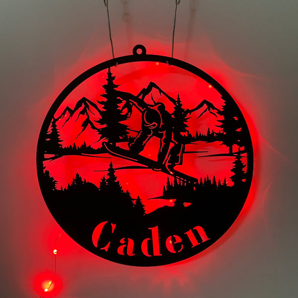 Personalized Mountain Skiing Metal Wall Art With Led Light, Custom Snow Skiing Metal Name Sign, Skiing Metal Wall Led Decoration