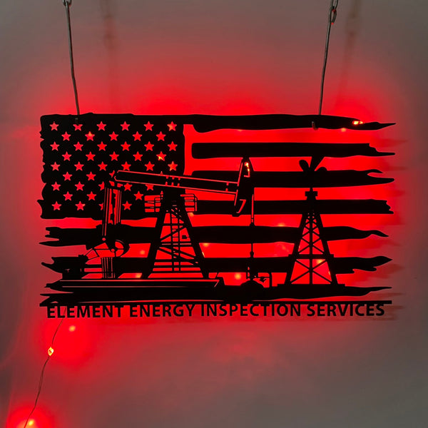 Personalized Us Flag Oil Rig Metal Wall Art With Led Lights, Custom Oil Field Worker Metal Name Sign, Driller Oil Field Metal Wall Led Sign