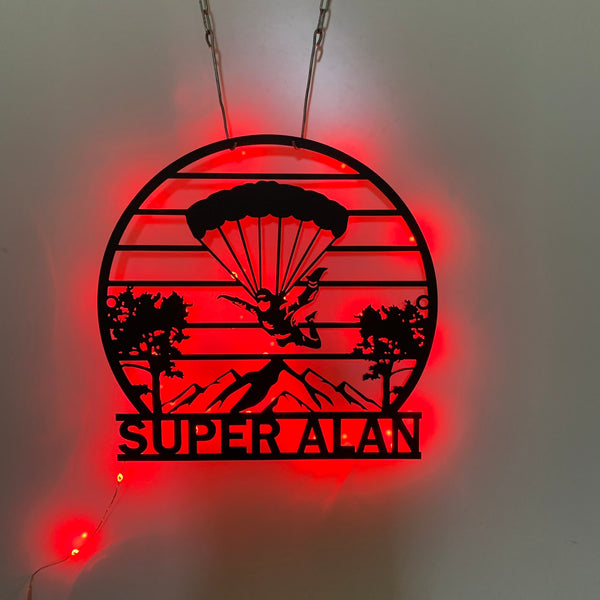 Custom Skydiving Parachuting Metal Wall Art Led Light, Personalized Parachute Skydiving Metal Name Sign Wall Decor, Powered Parachute Metal Sign