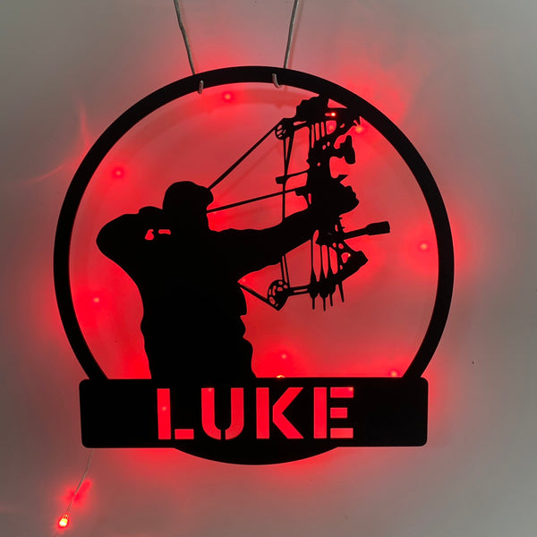 Custom Compound Bow Hunting Metal Wall Art Led Light, Personalized Bow Hunter Metal Name Sign, Bow Hunting Arrow Man Cave Metal Wall Sign