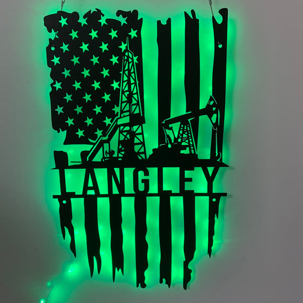 Personalized Us Flag Oil Rig Metal Wall Art With Led Lights, Oil Field Worker Custom Metal Name Sign, Driller Oil Field Metal Wall Led Sign
