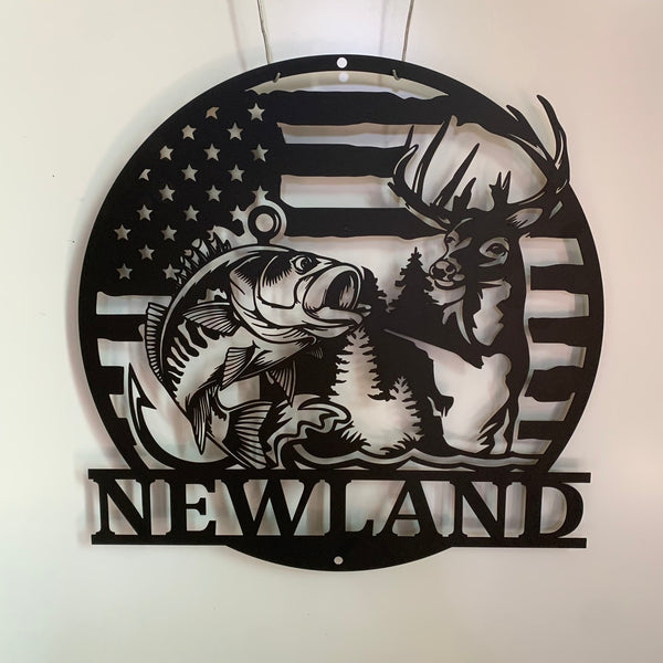 Custom Deer Hunting And Fishing Metal Wall Art, Personalized Us Hunter Fisherman Metal Name Sign, Deer Hunting Man Cave Fishing Metal Sign
