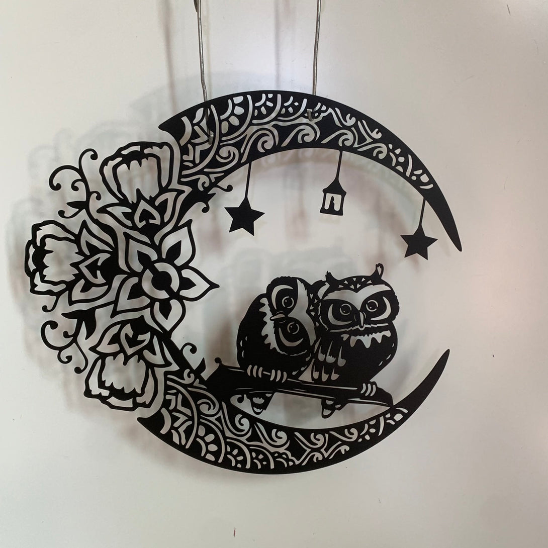 Couple Owls With Crescent Moon Metal Wall Decor, Owl Metal Wall Art, Owl Moon Man Cave Metal Wall Sign Decor