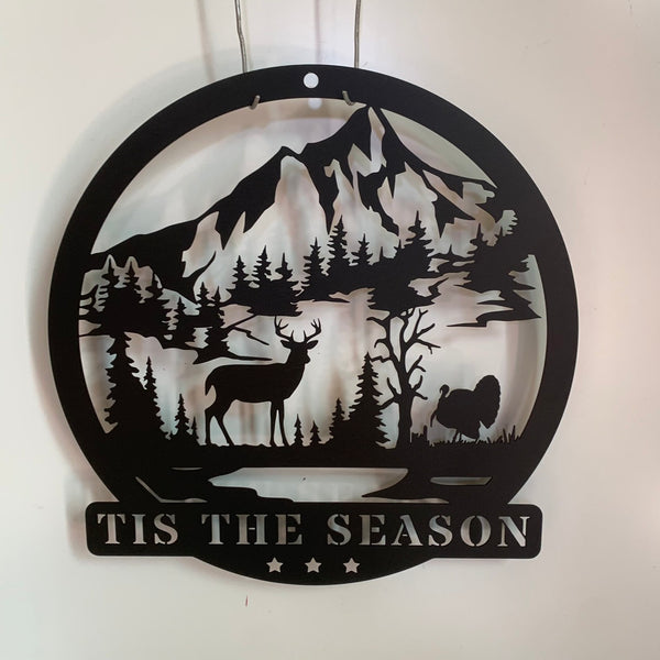 Personalized Wildlife Mountain Scene Metal Cabin Sign, Custom Deer Turkey Metal Farm Sign, Turkey Deer Hunting Man Cave Metal Name Sign
