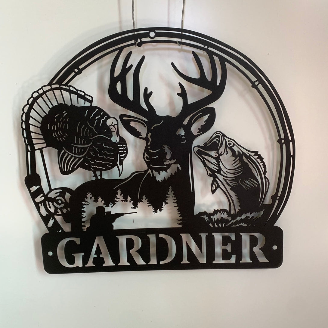 Custom Turkey Deer Hunting Fishing Metal Wall Art, Personalized Turkey Deer Hunter Metal Name Sign, Hunting Fishing Cabin Metal Wall Hanging Sign