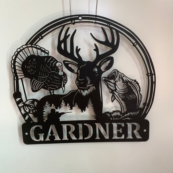 Custom Turkey Deer Hunting Fishing Metal Wall Art, Personalized Turkey Deer Hunter Metal Name Sign, Hunting Fishing Cabin Metal Wall Hanging Sign