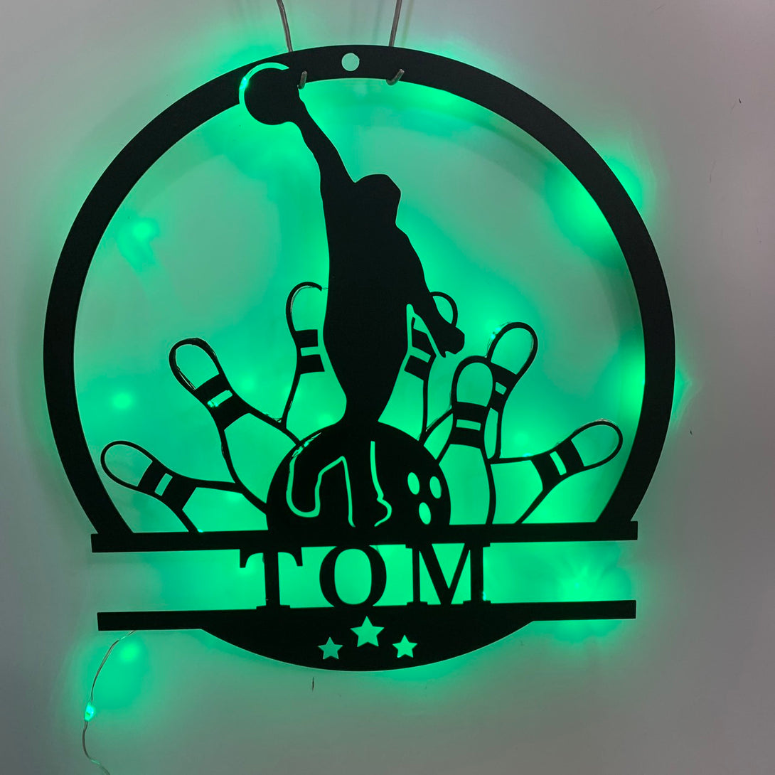 Custom Bowling Metal Wall Art With Led Lights, Bowling Pins Sports Metal Sign, Bowling Player Metal Name Sign, Bowling Alley Wall Led Sign