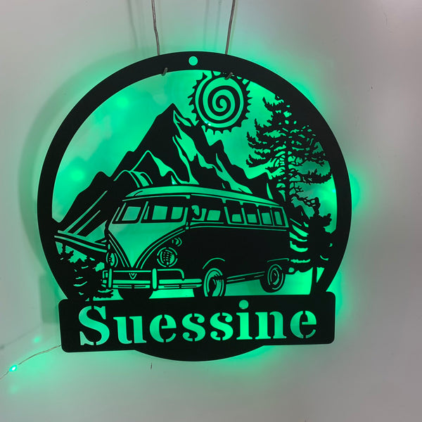 Custom Camping Car Metal Wall Art Led Lights, Personalized Hippie Bus Van Metal Name Sign, Happy Camper Van Campsite Cabin Metal Wall Led Decor