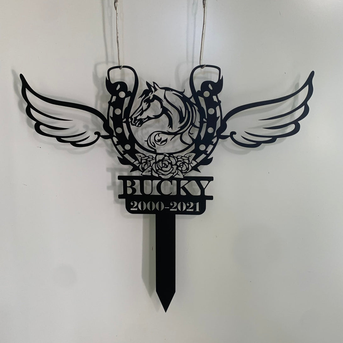 Custom Horse Memorial Metal Stake, Horseshoe With Wings Metal Yard Sign, Horse Loss Metal Grave Marker, Horses Sympathy Metal Sign