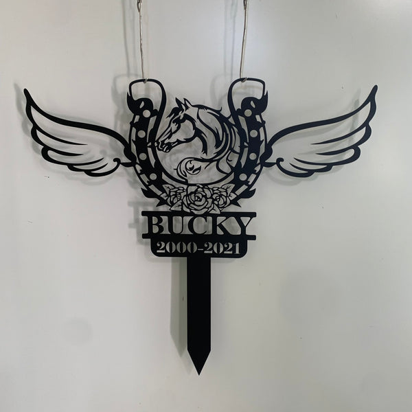 Custom Horse Memorial Metal Stake, Horseshoe With Wings Metal Yard Sign, Horse Loss Metal Grave Marker, Horses Sympathy Metal Sign