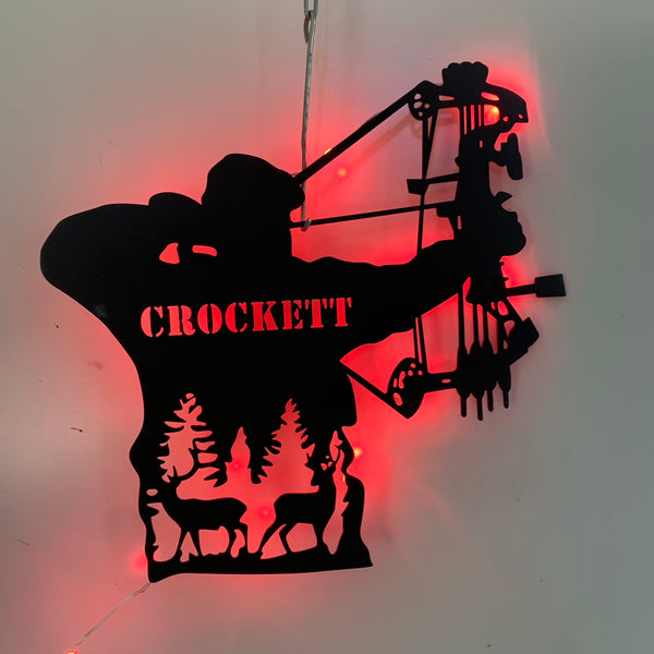 Custom Compound Bow Hunting Metal Wall Art Led Light, Personalized Bow Hunter Metal Name Sign, Deer Hunting Bow Arrow Man Cave Metal Wall Sign