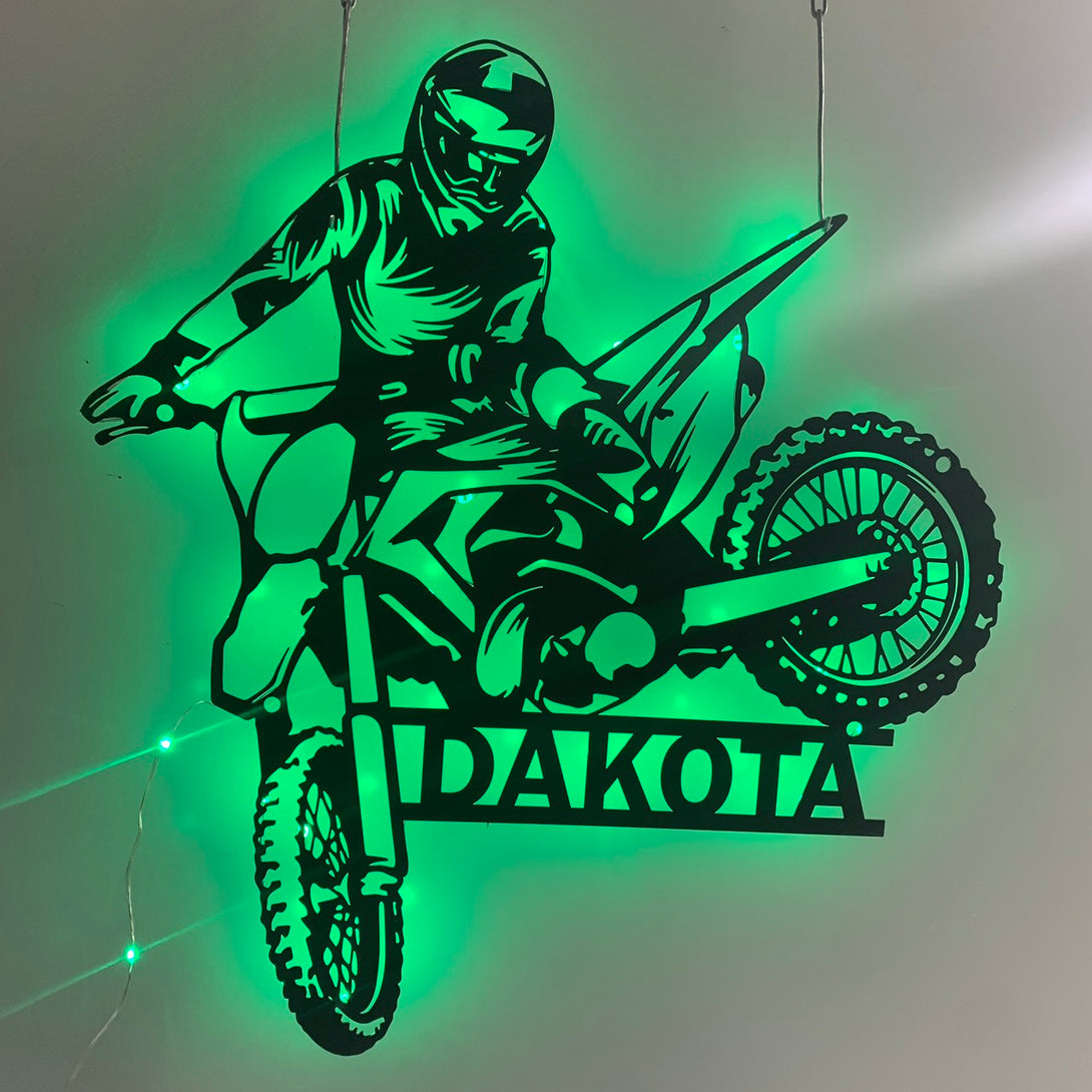 Custom Dirt Bike Metal Wall Art With Led Light, Personalized Motocross Rider Metal Name Sign, Motorcycle Biker Metal Wall Led Decor