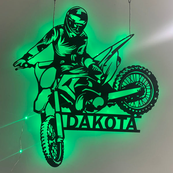 Custom Dirt Bike Metal Wall Art With Led Light, Personalized Motocross Rider Metal Name Sign, Motorcycle Biker Metal Wall Led Decor