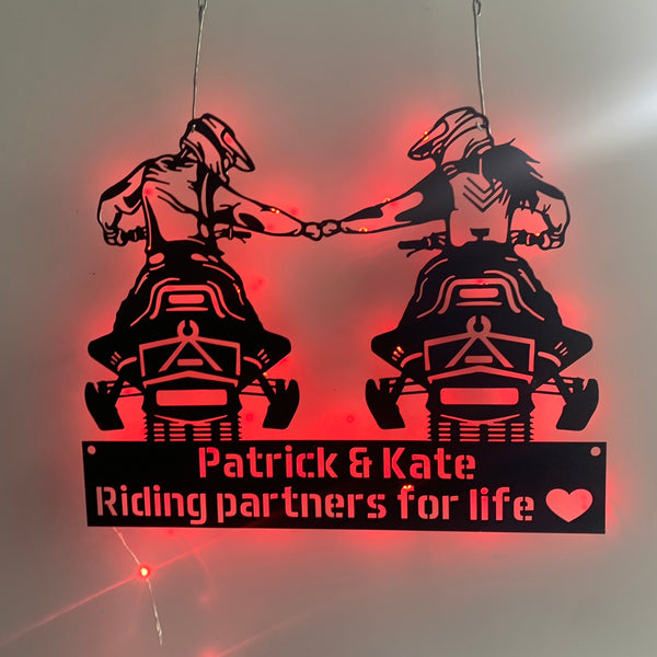 Custom Couple Snowmobile Metal Wall Art With Led Lights, Personalized Ski-doo Family Name Metal Sign, Motor Sled Biker Metal Wall Sign