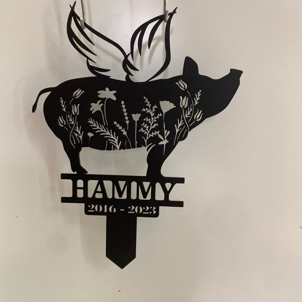 Custom Floral Pig Memorial Metal Garden Stake, Pig With Wings Metal Yard Stake, Pig Loss Remembrance Stake, Pig Farm Animal Metal Grave Marker