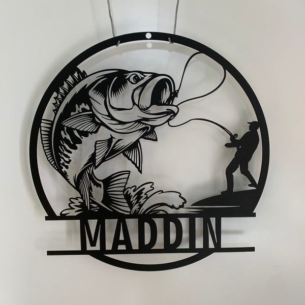 Custom Bass Fishing Monogram Metal Sign, Bass Fishing Metal Wall Art, Personalized Fisherman Metal Name Sign, Cabin Lake House Metal Sign
