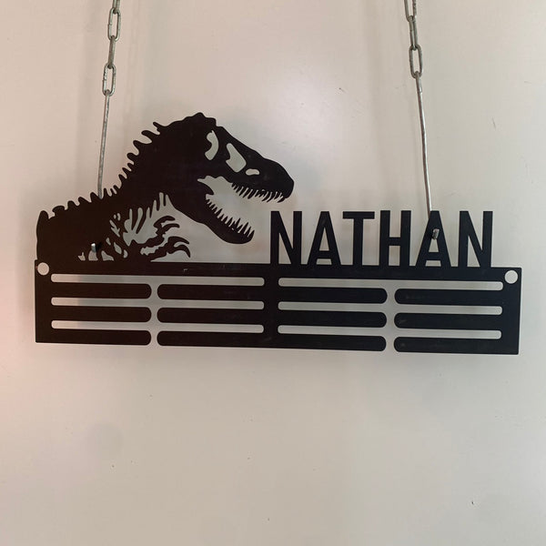 Personalized T-rex Dinosaur Award Medal Holder,12 Rungs For Medals & Ribbons, Custom Name Medal Hanger, Kids Room Medal Display Wall Hanging