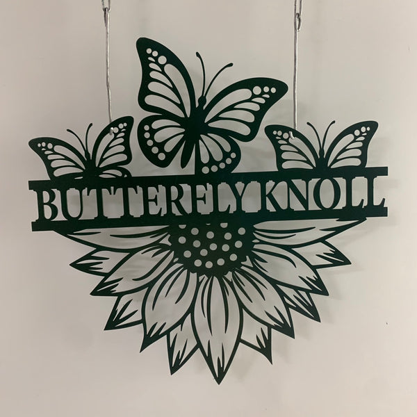Custom Butterfly Sunflower Metal Wall Art, Personalized Sunflower Metal Name Sign, Butterfly Flower Monogram Garden Metal Sign