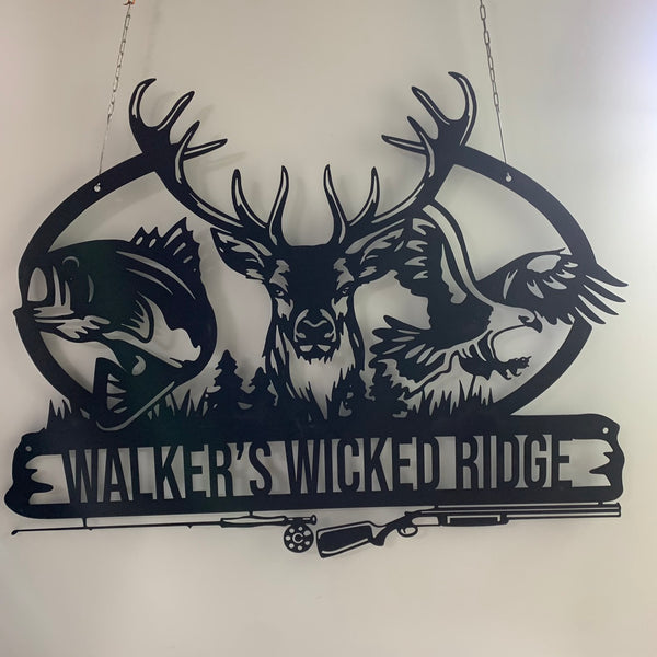Custom Deer Hunting And Fishing Metal Wall Art, Personalized Fisherman Hunter Metal Name Sign, Deer Hunting Man Cave Fishing Metal Sign