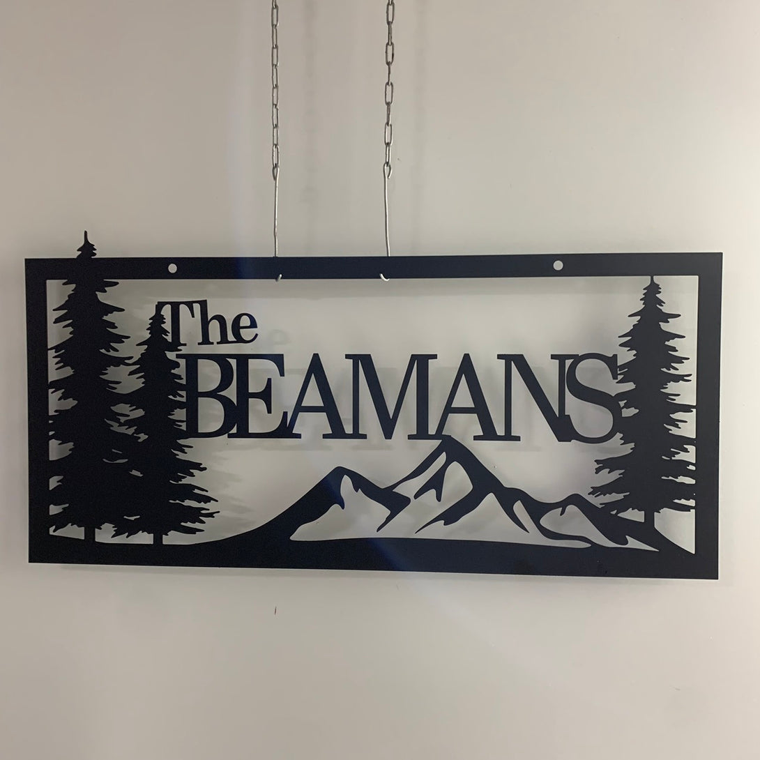 Custom Family Name Mountain Pine Tree Metal Sign, Personalized Last Name Mountain Forest Metal Wall Art, Cabin Lodge Metal Wall Sign Decor