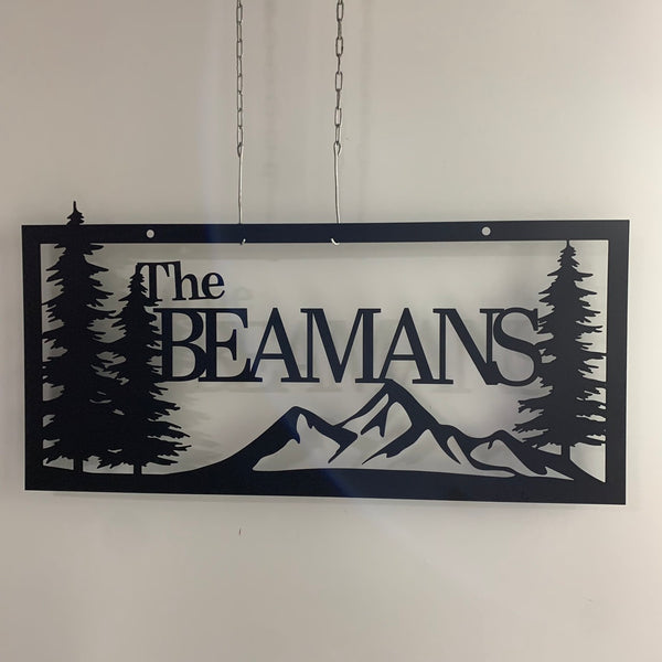 Custom Family Name Mountain Pine Tree Metal Sign, Personalized Last Name Mountain Forest Metal Wall Art, Cabin Lodge Metal Wall Sign Decor