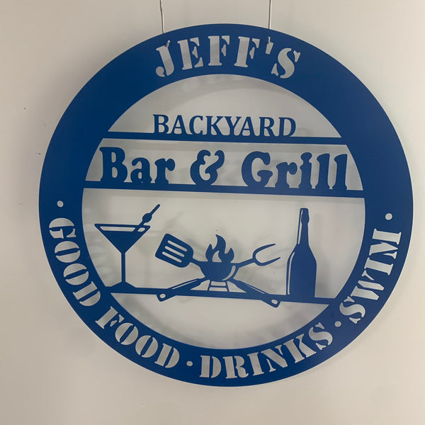 Custom Bar & Grill Backyard Metal Sign, Personalized Home Bar Metal Wall Art, Chill & Grill Sign Metal Wall Decor, Barbecue Backyard Metal Signs