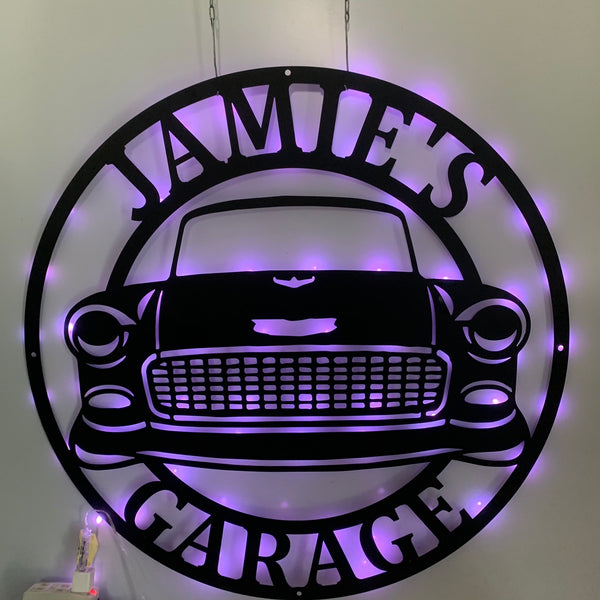 Custom Car Garage Metal Sign With Led Light, Personalized Metal Car Signs For Garage, Car Garage Man Cave Workshop Metal Wall Art