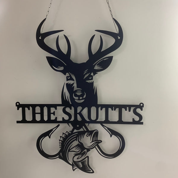 Custom Deer Hunting And Bass Fishing Metal Sign, Personalized Hunter Fisherman Metal Wall Art, Deer Hunting Man Cave Fishing Hook Metal Sign