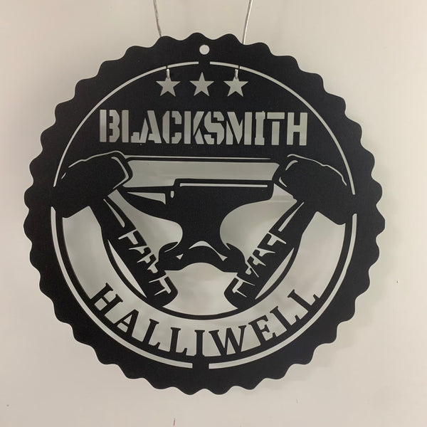 Custom Blacksmith Metal Wall Art, Personalized Anvil Hammer Metal Name Sign, Iron Tools Workshop Man Cave Metal Wall Sign Decor
