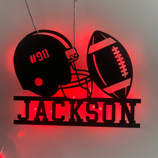 Custom American Football Metal Sign With Led Lights, Personalized Football Player Metal Name Sign, American Football Helmet Led Metal Wall Sign