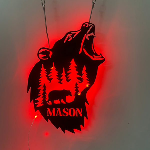 Custom Bear Metal Wall Art With Led Light, Mountain Bear Metal Name Sign, Personalized Bear Wildlife Metal Wall Decor, Custom Bear Sign
