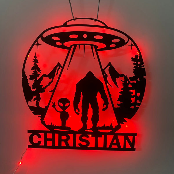 Bigfoot And Alien Under The Moon Metal Wall Art With Led Lights, Bigfoot Ufo Metal Sign Decoration For Room, Bigfoot Metal Wall Led Decor