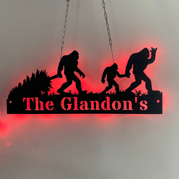 Custom Bigfoot Metal Wall Art Led Light, Bigfoots In Forest Family Name Sign, Sasquatch Metal Lodge Cabin Decor, Walking Bigfoot Metal Sign