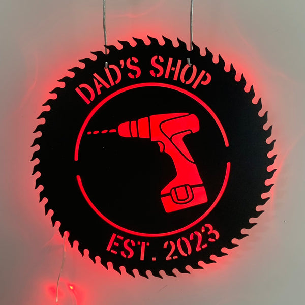 Custom Hand Drilll Workshop Metal Wall Art With Led Light, Personalized Mechanic Workshop Metal Name Sign, Metal Handyman Workshop Wall Led Sign
