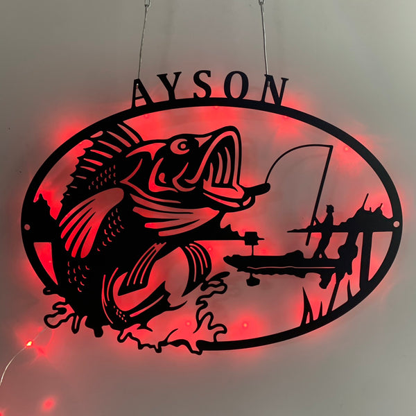 Custom Bass Fishing Metal Wall Art With Led Light, Personalized Fisherman Name Metal Sign, Large Mouth Bass Fish Lakehouske Led Metal Sign